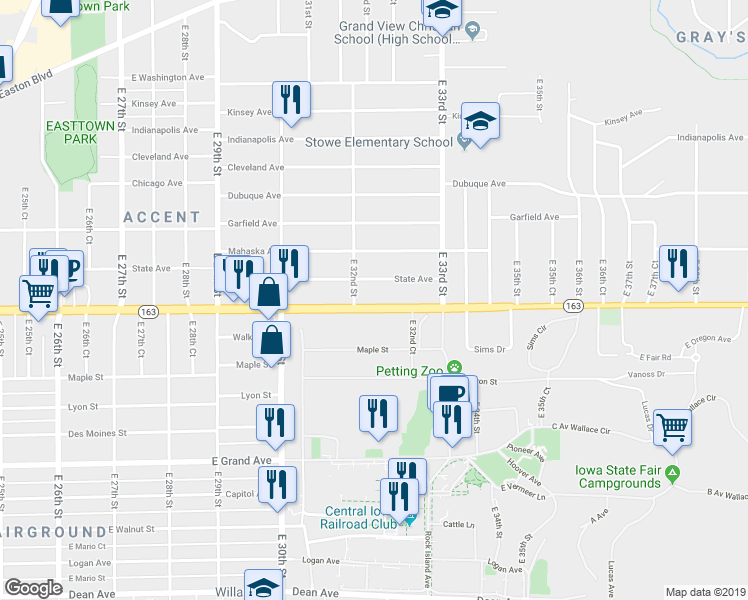 map of restaurants, bars, coffee shops, grocery stores, and more near 1211 East 32nd Street in Des Moines