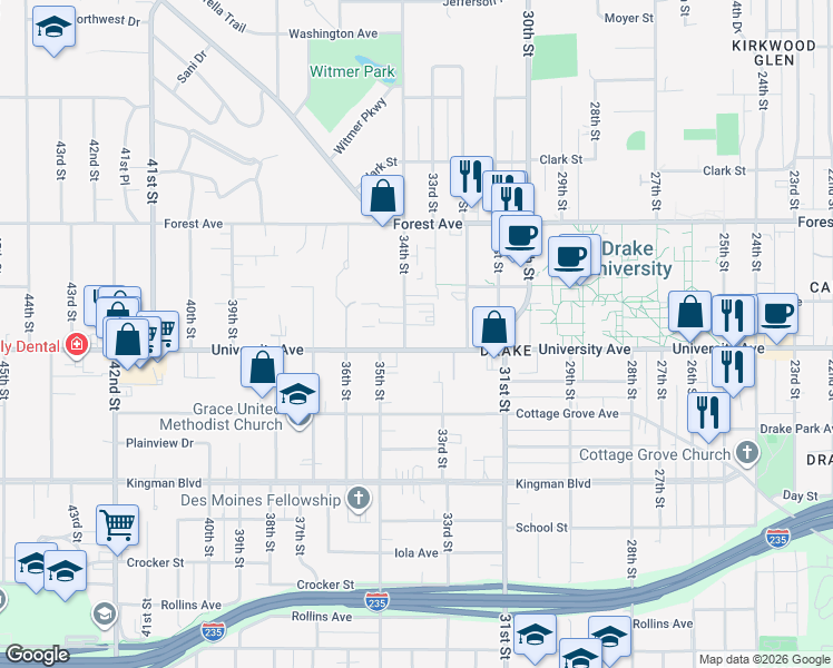 map of restaurants, bars, coffee shops, grocery stores, and more near 1215 34th Street in Des Moines