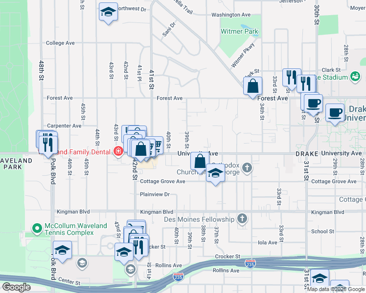 map of restaurants, bars, coffee shops, grocery stores, and more near 1216 39th Street in Des Moines