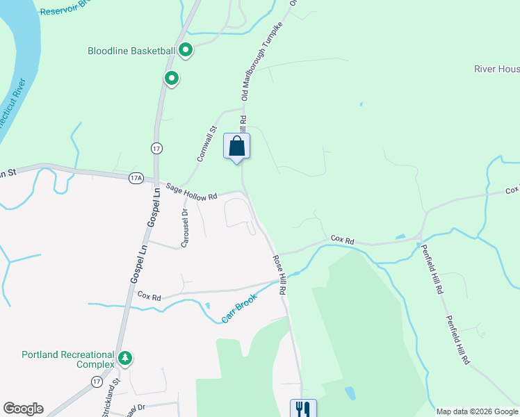 map of restaurants, bars, coffee shops, grocery stores, and more near 165 Rose Hill Road in Portland
