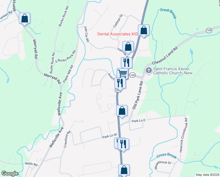 map of restaurants, bars, coffee shops, grocery stores, and more near 7 Paget Lane in New Milford