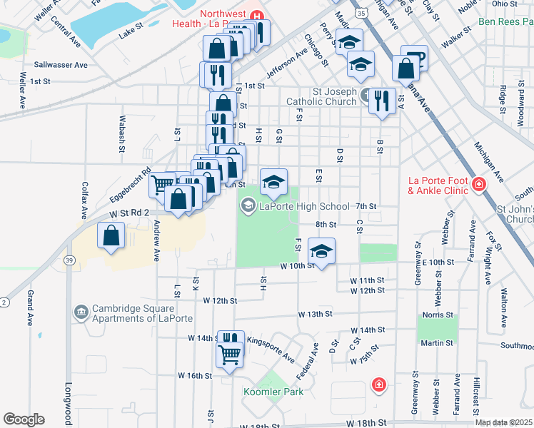 map of restaurants, bars, coffee shops, grocery stores, and more near 602 F Street in La Porte