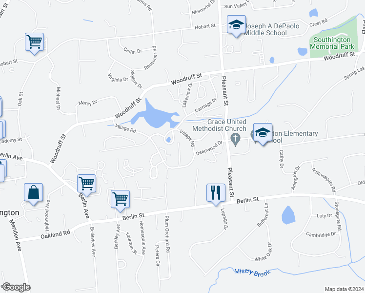 map of restaurants, bars, coffee shops, grocery stores, and more near 49 Village Road in Southington