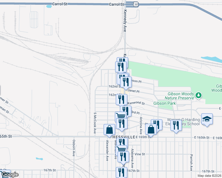 map of restaurants, bars, coffee shops, grocery stores, and more near 2710 162nd Street in Hammond