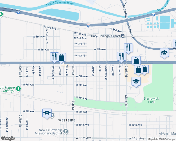 map of restaurants, bars, coffee shops, grocery stores, and more near 545 Hanley Street in Gary