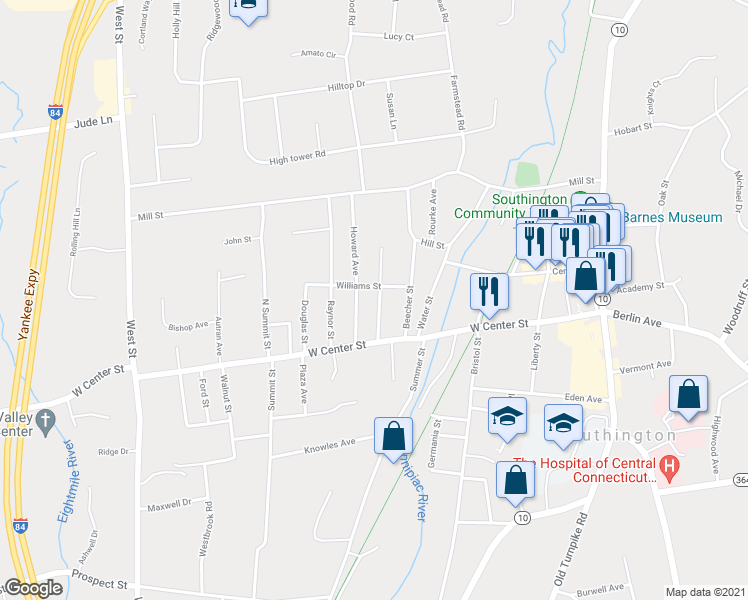 map of restaurants, bars, coffee shops, grocery stores, and more near 50 Matthews Street in Southington