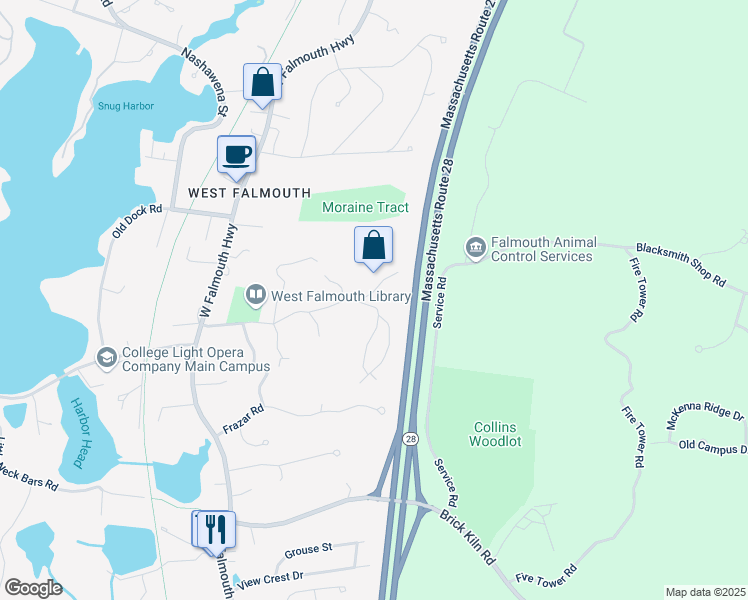 map of restaurants, bars, coffee shops, grocery stores, and more near 10 Telegraph Hill Road in Falmouth