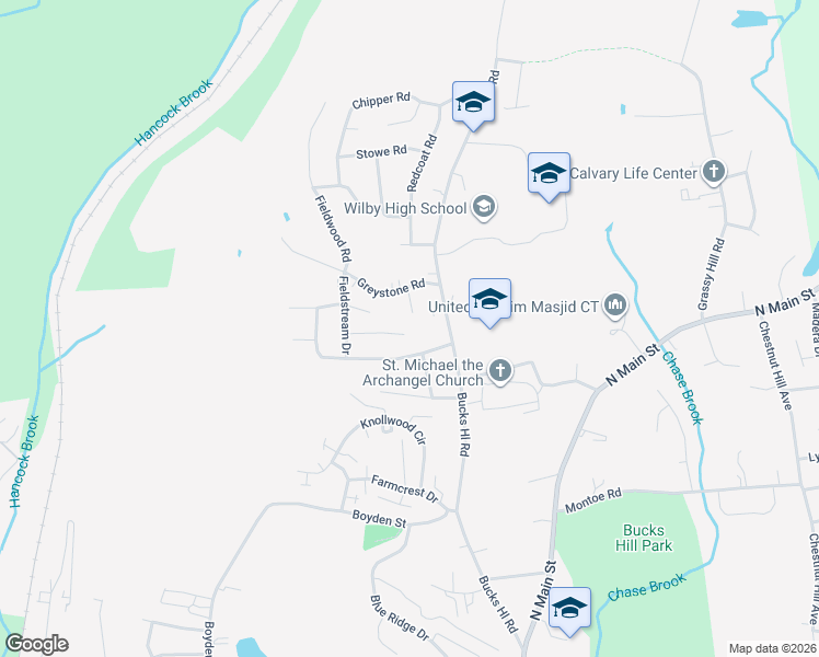 map of restaurants, bars, coffee shops, grocery stores, and more near 85 Brookfield Road in Waterbury