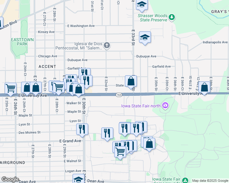 map of restaurants, bars, coffee shops, grocery stores, and more near 3240 East University Avenue in Des Moines