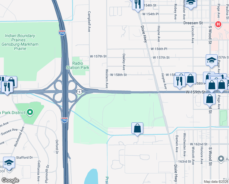 map of restaurants, bars, coffee shops, grocery stores, and more near 2312 West 159th Street in Markham