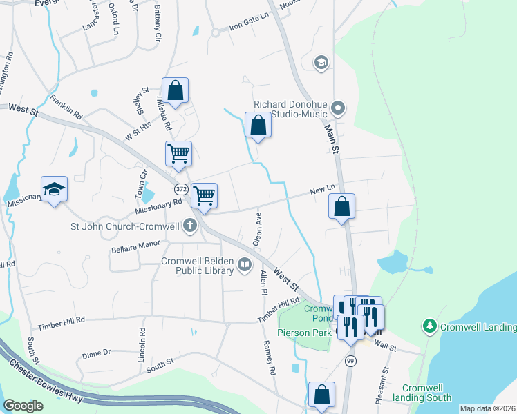 map of restaurants, bars, coffee shops, grocery stores, and more near 20 New Lane in Cromwell