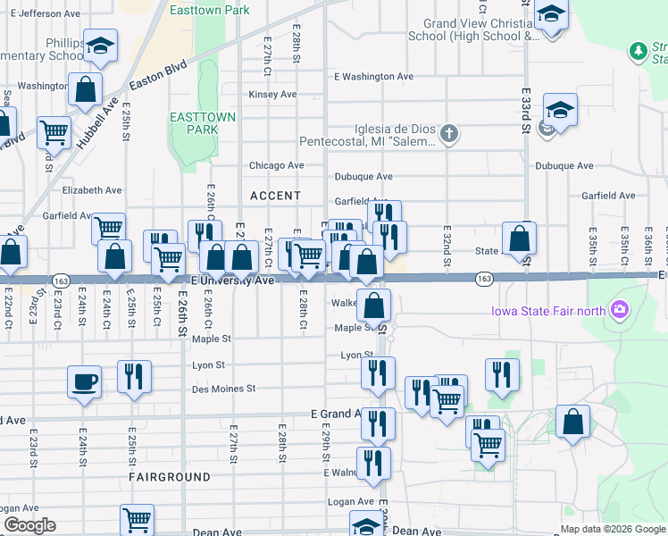 map of restaurants, bars, coffee shops, grocery stores, and more near 2900 East University Avenue in Des Moines