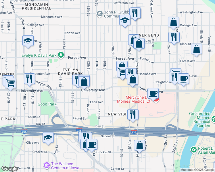 map of restaurants, bars, coffee shops, grocery stores, and more near 917 University Avenue in Des Moines