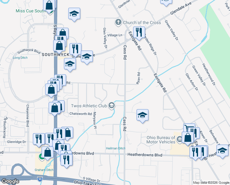 map of restaurants, bars, coffee shops, grocery stores, and more near 2134 Eastedge Drive in Toledo