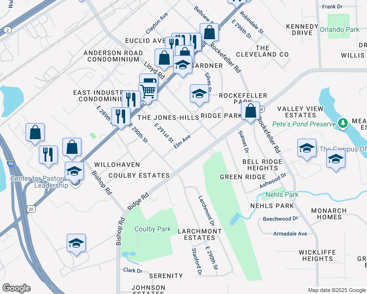map of restaurants, bars, coffee shops, grocery stores, and more near 29106 Elm Ave in Wickliffe