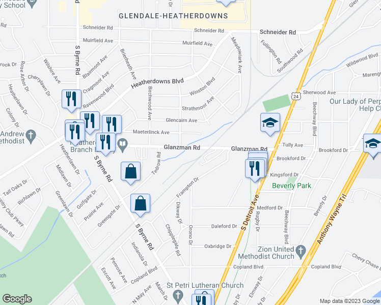 map of restaurants, bars, coffee shops, grocery stores, and more near 3025 Glanzman Road in Toledo