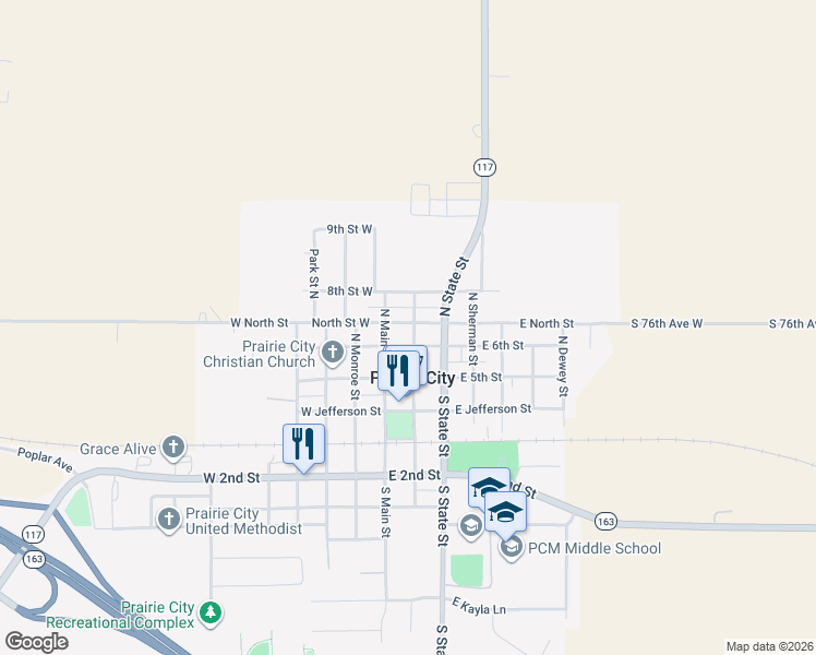 map of restaurants, bars, coffee shops, grocery stores, and more near 307 North Marshall Street in Prairie City
