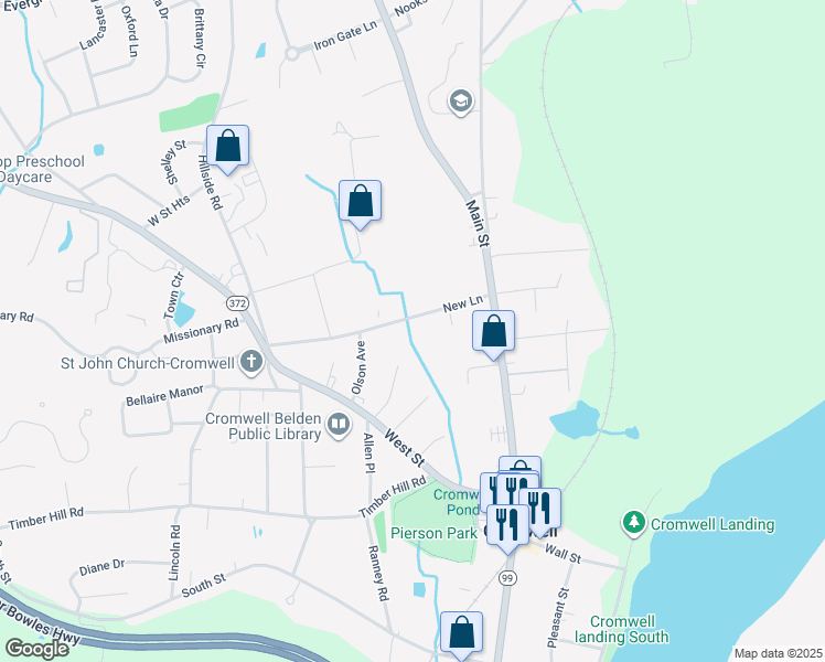 map of restaurants, bars, coffee shops, grocery stores, and more near 15 New Lane in Cromwell