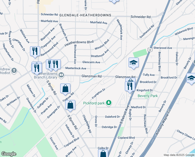 map of restaurants, bars, coffee shops, grocery stores, and more near 3015 Glanzman Road in Toledo