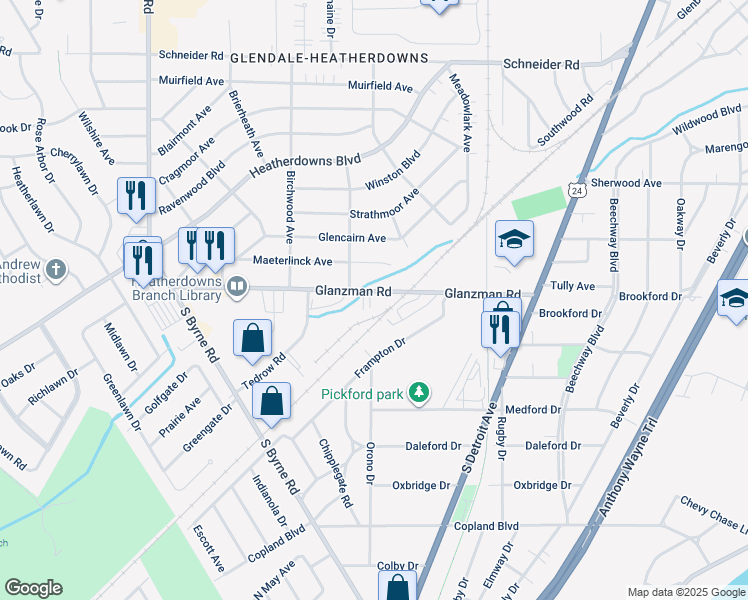 map of restaurants, bars, coffee shops, grocery stores, and more near 3015 Glanzman Road in Toledo