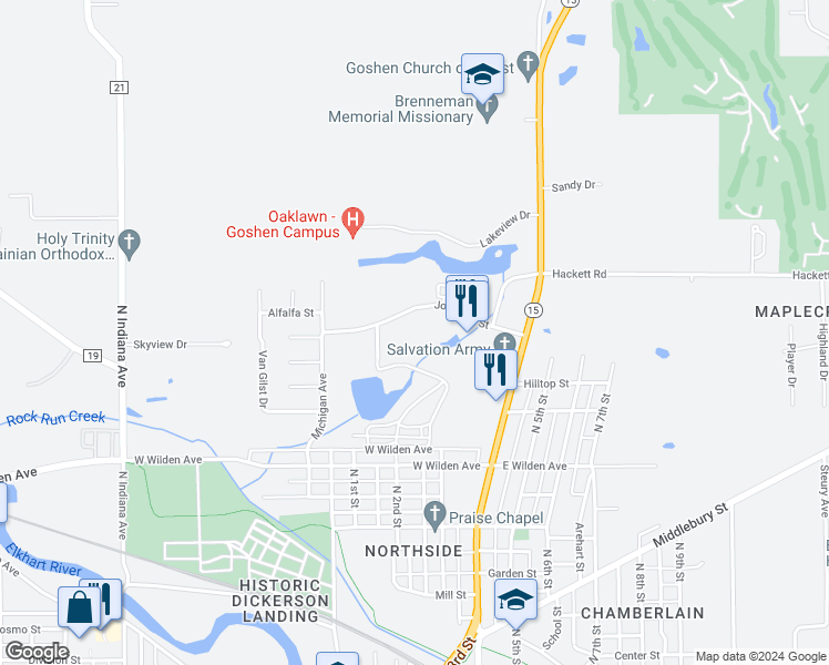 map of restaurants, bars, coffee shops, grocery stores, and more near 336 Stone Drive in Goshen
