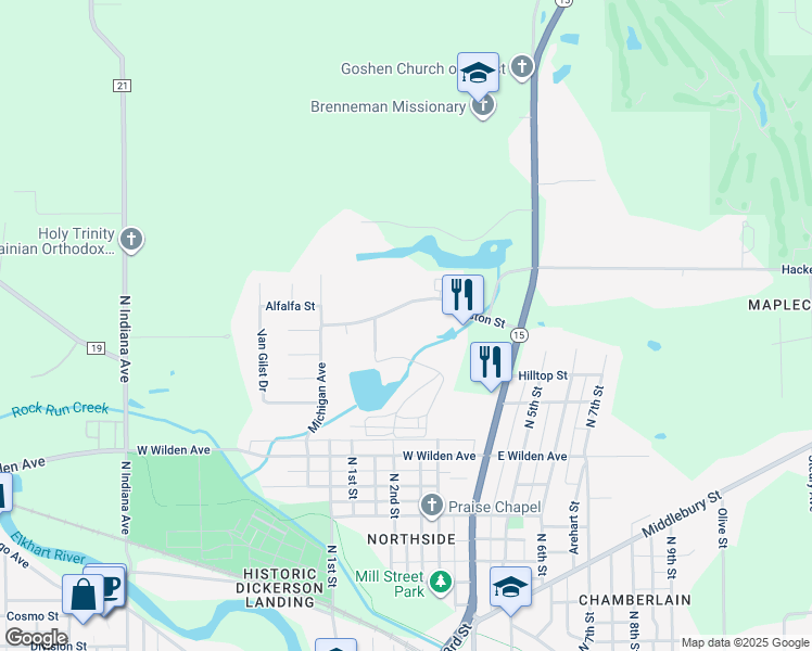 map of restaurants, bars, coffee shops, grocery stores, and more near 336 Stone Drive in Goshen