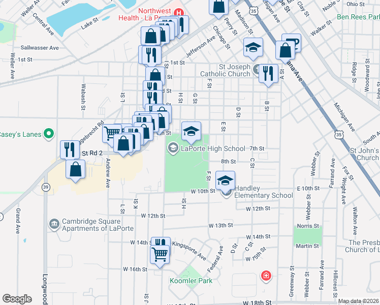map of restaurants, bars, coffee shops, grocery stores, and more near 602 F Street in La Porte