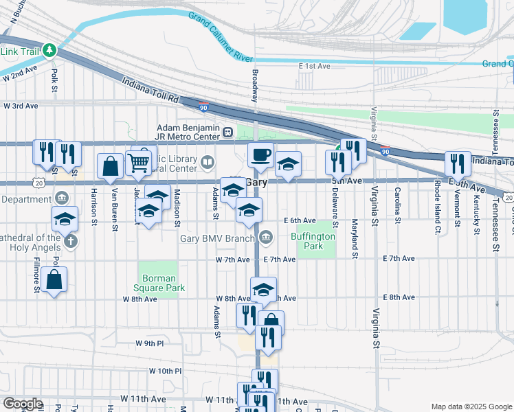 map of restaurants, bars, coffee shops, grocery stores, and more near 548-54 Broadway in Gary