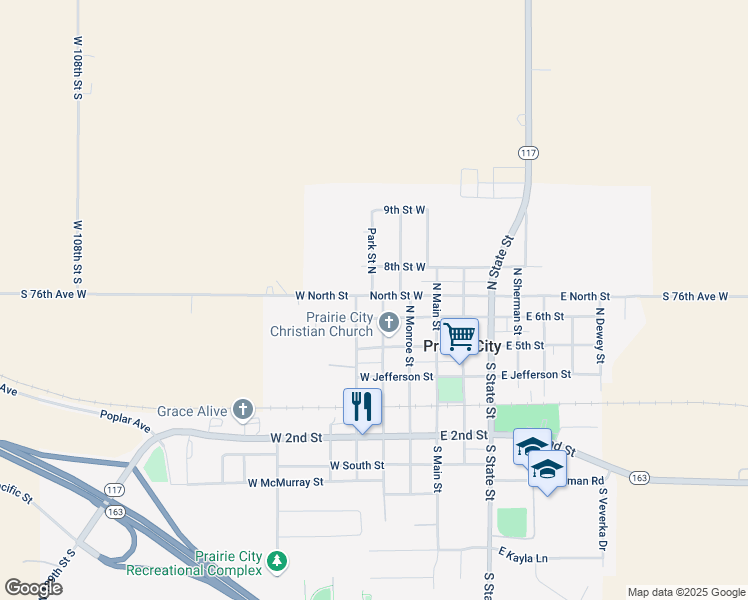 map of restaurants, bars, coffee shops, grocery stores, and more near 205 West North Street in Prairie City