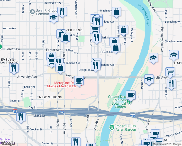 map of restaurants, bars, coffee shops, grocery stores, and more near 233 University Avenue in Des Moines