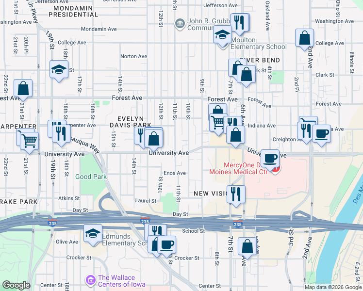 map of restaurants, bars, coffee shops, grocery stores, and more near 1011 University Avenue in Des Moines