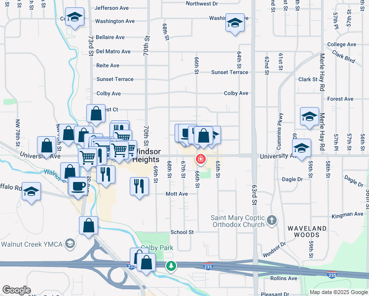 map of restaurants, bars, coffee shops, grocery stores, and more near 6601 University Avenue in Windsor Heights