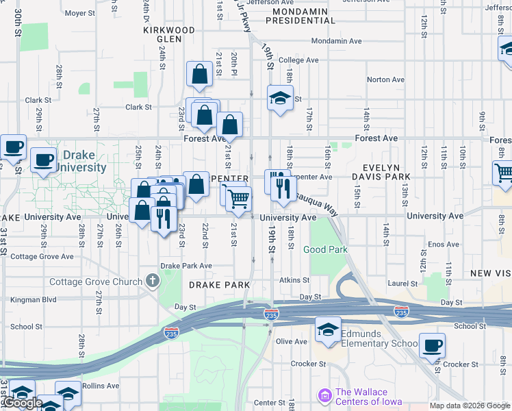 map of restaurants, bars, coffee shops, grocery stores, and more near 1915 University Avenue in Des Moines