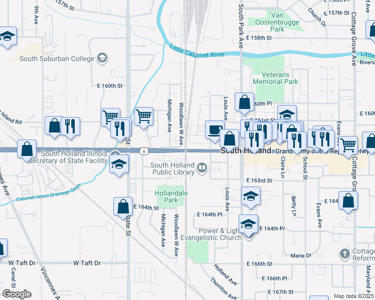 map of restaurants, bars, coffee shops, grocery stores, and more near 156 East 162nd Street in South Holland