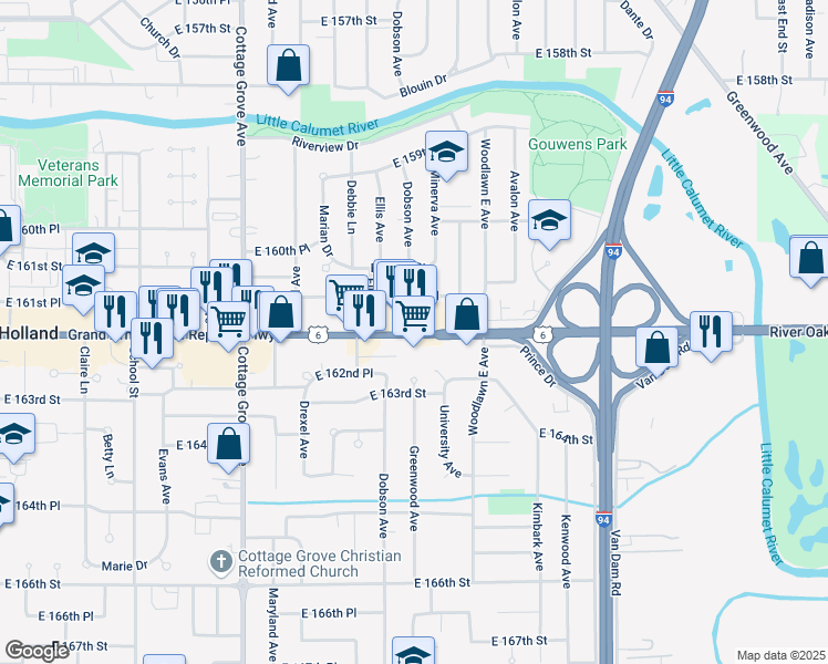 map of restaurants, bars, coffee shops, grocery stores, and more near 1056 East 162nd Street in South Holland