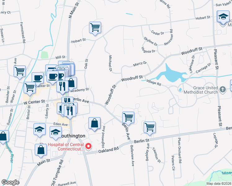 map of restaurants, bars, coffee shops, grocery stores, and more near 61 Woodruff Street in Southington