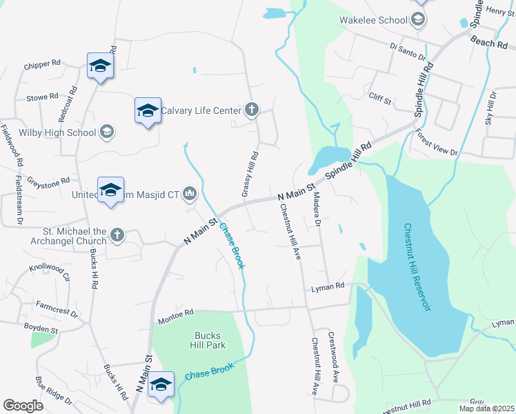 map of restaurants, bars, coffee shops, grocery stores, and more near 3206 North Main Street in Waterbury