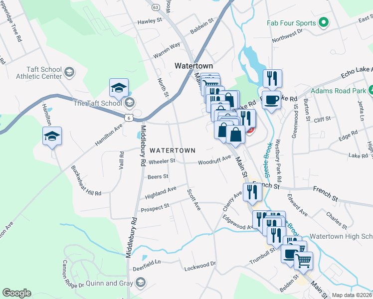 map of restaurants, bars, coffee shops, grocery stores, and more near 156 Woodruff Avenue in Watertown