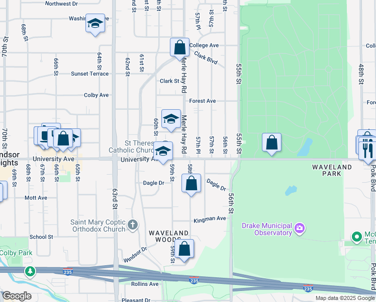 map of restaurants, bars, coffee shops, grocery stores, and more near 1211 Merle Hay Road in Des Moines