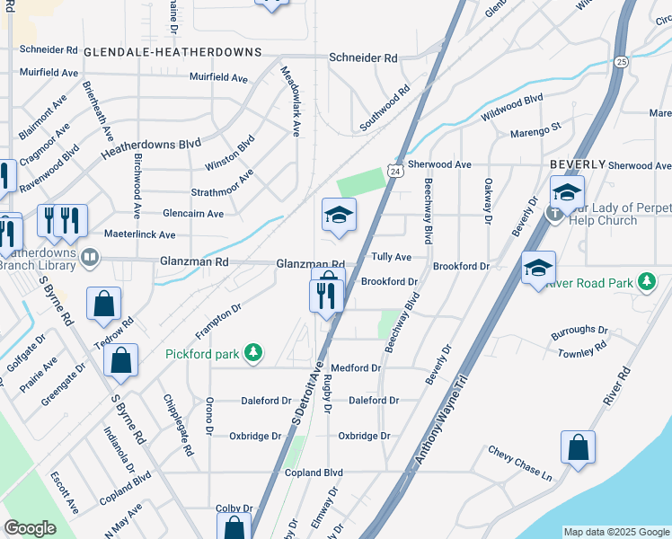 map of restaurants, bars, coffee shops, grocery stores, and more near 3605 Rugby Drive in Toledo