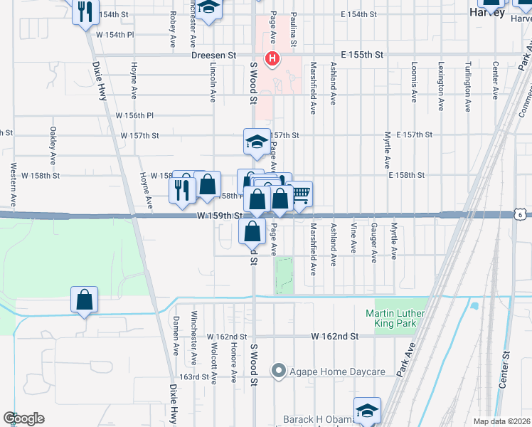 map of restaurants, bars, coffee shops, grocery stores, and more near 67a West 159th Street in Harvey