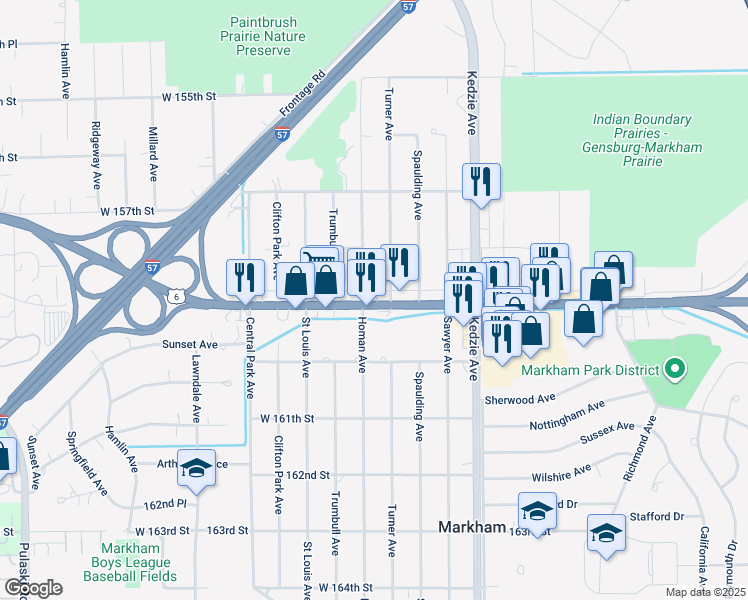 map of restaurants, bars, coffee shops, grocery stores, and more near 3344 West 159th Street in Markham