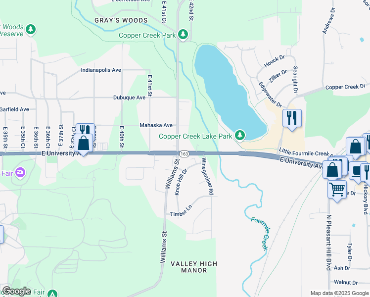 map of restaurants, bars, coffee shops, grocery stores, and more near 4150 East University Avenue in Des Moines