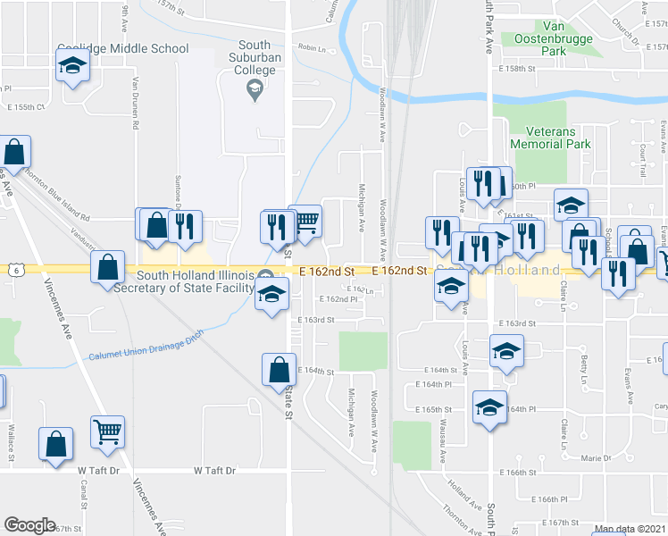 map of restaurants, bars, coffee shops, grocery stores, and more near 96 East 162nd Street in South Holland