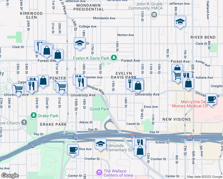 map of restaurants, bars, coffee shops, grocery stores, and more near 1212 15th Street in Des Moines