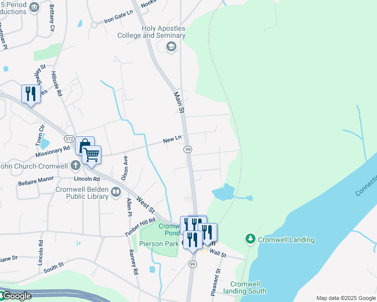 map of restaurants, bars, coffee shops, grocery stores, and more near 389 Main St in Cromwell