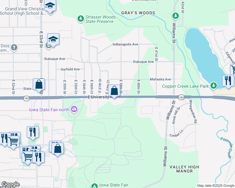 map of restaurants, bars, coffee shops, grocery stores, and more near 3750 East University Avenue in Des Moines
