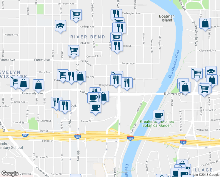 map of restaurants, bars, coffee shops, grocery stores, and more near 233 University Avenue in Des Moines