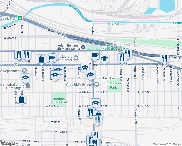map of restaurants, bars, coffee shops, grocery stores, and more near 548-54 Broadway in Gary