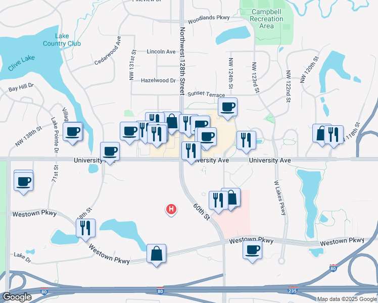 map of restaurants, bars, coffee shops, grocery stores, and more near 12753 University Avenue in Clive